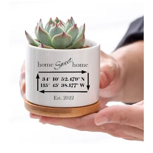 May include: White ceramic planter with a succulent plant inside. The planter has the text "home sweet home" and coordinates "34° 10' 52.479" N 115° 45' 38.177" W" and "Est. 2022" printed on it.