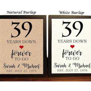 May include: Two framed signs with burlap backgrounds, one natural and one white. Both signs feature the number 39, the text "Years Down", a red heart, the text "forever to go", the names "Sarah & Michael", and the date "EST. JULY 27, 1978".