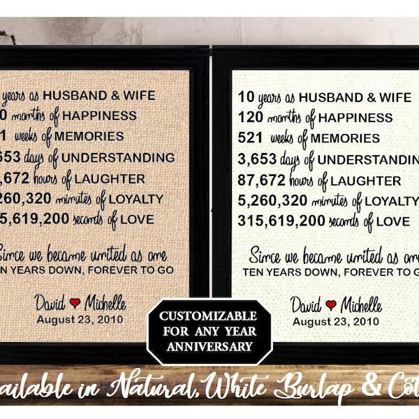 10 Year Anniversary as Husband and Wife | Ten Year Anniversary gift for Her | Personalized 10 Years down Forever to go | 10 Year of Marriage