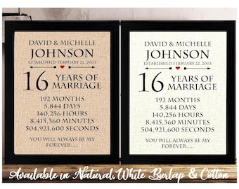 May include: Two white framed prints with a burlap background. The prints celebrate 16 years of marriage with the names David & Michelle Johnson and the date February 22, 2003. The prints list the number of months, days, hours, minutes, and seconds in 16 years.