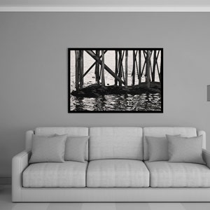 pilings, black and white, ocean, water, reflections, boothbay harbor, maine, new england, photography, fine art print