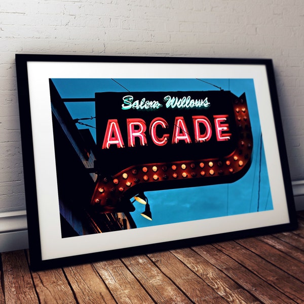 the willows, neon sign, arcade, salem, retro, vintage, nostalgia, photograph, fine art print