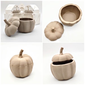 May include: Two ceramic pumpkin-shaped containers with lids. The containers are a light brown color and have a smooth, matte finish. The lids are slightly domed and have a small stem on top. The containers are sitting on a white surface.