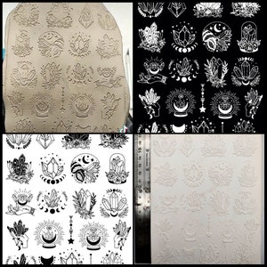 May include: A set of four nail art stamping plates with a celestial and crystal theme. The plates feature various designs, including crystals, moons, stars, and hands holding crystals. The plates are made of a durable metal and are easy to use.