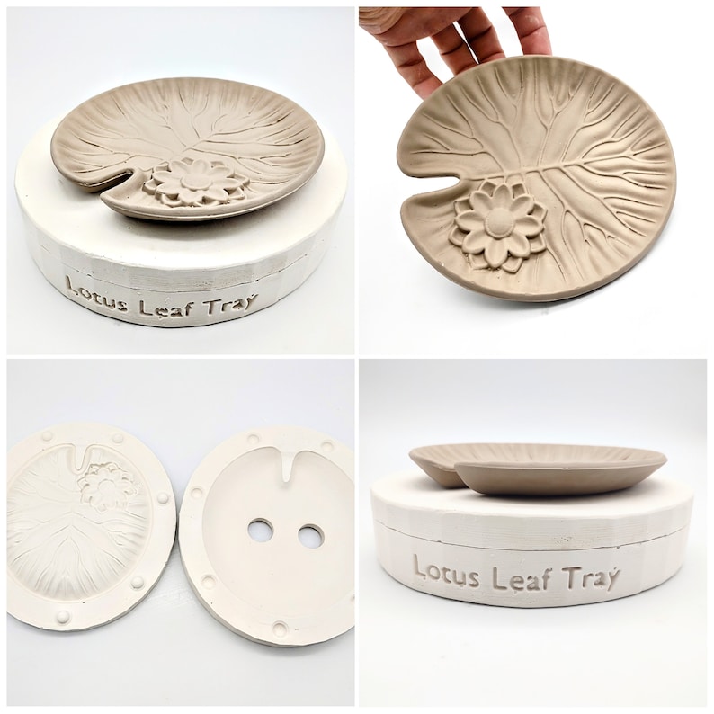 May include: A white ceramic mold for making a lotus leaf tray. The mold is in two pieces, one for the top and one for the bottom. The mold is designed to create a tray with a lotus leaf design and a small flower in the center. The mold is labeled "Lotus Leaf Tray".