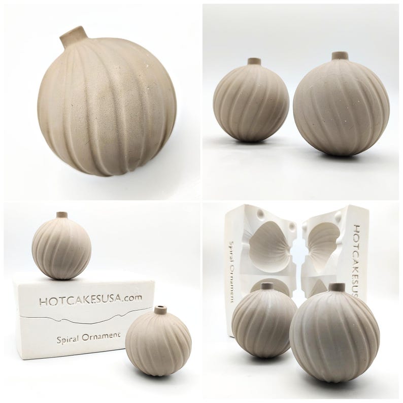 May include: A set of four gray spiral Christmas ornaments, two of which are in a mold. The mold is labeled "HOTCAKESUSA.com Spiral Ornament".