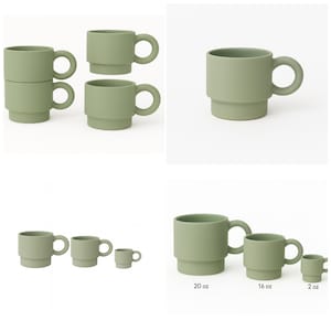 May include: Sage green ceramic mugs in various sizes. The mugs have a stepped design and rounded handles. Sizes include 2 oz, 16 oz, and 20 oz. Some mugs are stacked. The mugs are displayed on a white background.
