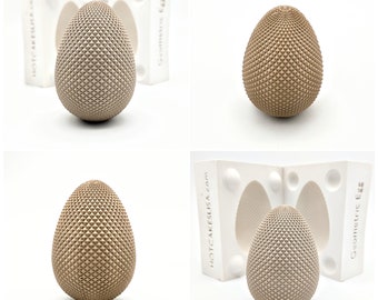 May include: A silicone mold for making geometric egg-shaped chocolates or other treats. The mold is open and shows the detailed texture of the egg shape. The mold is made by HotcakesUSA.