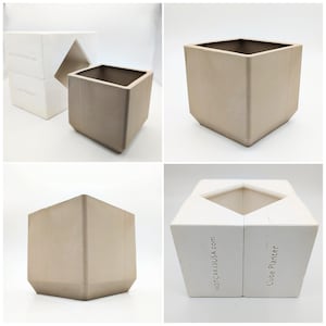 May include: A collection of square cube planters in various shades of beige and white. The planters have a modern, geometric design with a slightly tapered base. Some planters have the text "HOTCAKESUSA.com" and "Cube Planter".