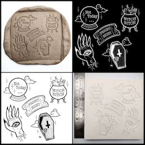 May include: A set of six black and white illustrations featuring Halloween themed designs. The designs include a cauldron with flames, a crystal ball, a hand with an eye, a coffin, and a ticket that says "Fright Night".