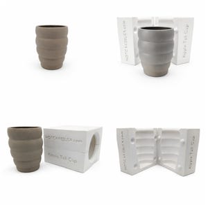 May include: A set of four images showcasing a gray, ribbed ceramic cup. The cup is cylindrical with a textured, ridged design. The cup is shown with its packaging, which is white and has the text "HOTCAKESUSA.com" and "Ripple Tall Cup."