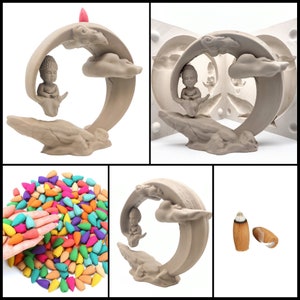 May include: A ceramic incense burner shaped like a crescent moon with two small Buddha figures sitting on the moon. The incense burner is on a white background. There are also loose incense cones in a variety of colors.