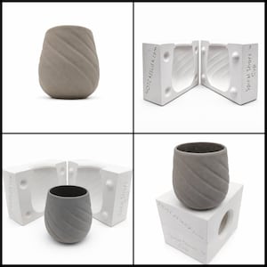 May include: A gray, spiral-textured cup. The cup is displayed with its white mold, which is labeled "Spiral Short Cup" and "HOTCATSAUSA.com". The cup has a unique, modern design.