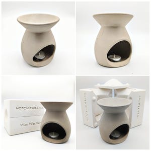 May include: A white ceramic wax warmer with a round opening for a tea light candle. The warmer is designed to melt wax for aromatherapy or fragrance purposes. The image shows the warmer from different angles, including a close-up of the opening for the tea light candle.