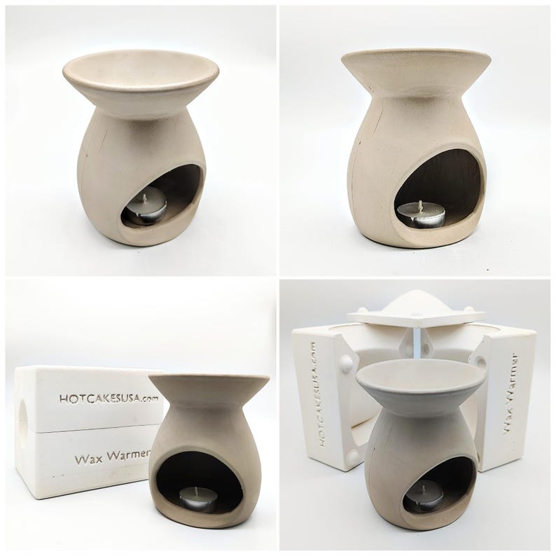 May include: A white ceramic wax warmer with a round opening for a tea light candle. The warmer is designed to melt wax for aromatherapy or fragrance purposes. The image shows the warmer from different angles, including a close-up of the opening for the tea light candle.