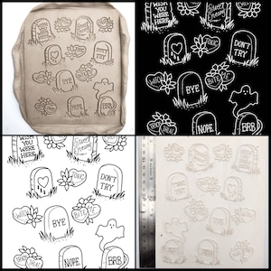 May include: A set of 12 polymer clay molds featuring Halloween-themed designs. The molds are shaped like tombstones with various phrases like "Wish You Were Here", "Sweet Dreams", "Toxic", "Don't Try", "Bye Bite Me", "Witch", "Trick Treat", "Nope", and "BRB".