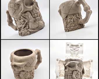 May include: A set of four ceramic skull mugs with a detailed bone design. The mugs are in various stages of completion, with some finished and others still in the mold.