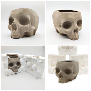 May include: A collection of four images showcasing a skull-shaped planter. The planter is a light gray color and has a hollow interior. The images also show the planter in a mold, highlighting the manufacturing process. The skull planter is a unique decorative item.