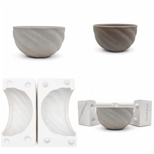 May include: A set of gray and brown spiral bowls, alongside white molds used in their creation. The bowls have a textured, swirling design. The image also shows the molds and a partially assembled bowl.