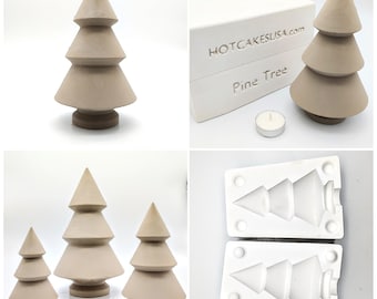 May include: A set of three concrete Christmas tree ornaments in various sizes. The ornaments are made in a mold and are a light brown color. The mold is also shown in the image.