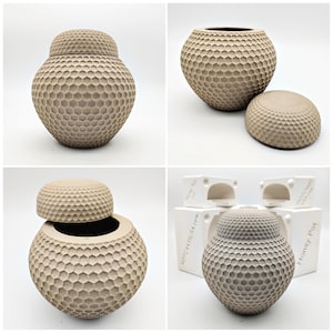 May include: A set of four images showcasing a beige ceramic honey pot with a textured honeycomb pattern. The pot has a rounded shape with a matching lid. The images also show the mold used to create the pot.