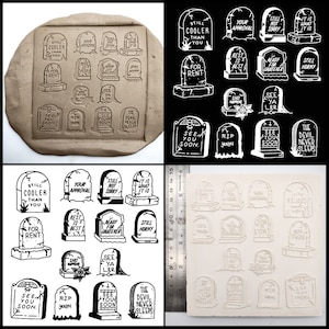 May include: A set of 16 tombstone-shaped silicone molds for making resin crafts. The molds feature various phrases like "See You Soon", "Rest is Best", "Still Horny", and "The Devil Never Sleeps".