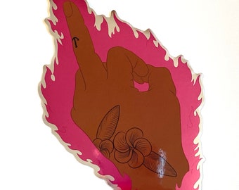 Middle finger with flames sticker (PINK)