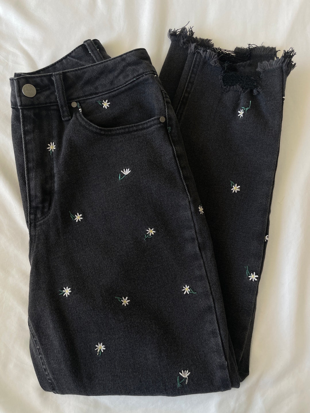 Embroidered Flower Jeans Etsy