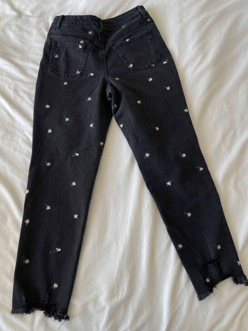 Embroidered Flower Jeans Etsy