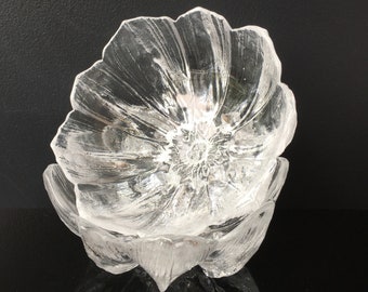 Two Kosta Boda Water Lily Bowls Mats Jonasson Crystal Icy Flower Decorative Glass Dish MCM Swedish Glass