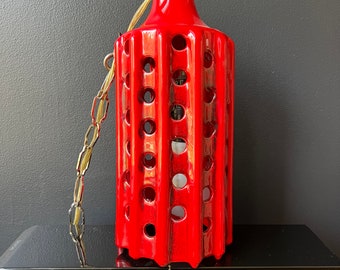 Maurice Chalvignac Hanging Swag Lamp Red Ceramic Brutalist Pendant Light 70s Quebec MCM Mid Century Modern