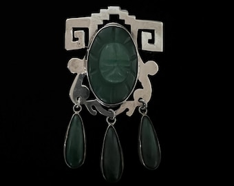 Mexican Sterling Silver Brooch Signed MG Large Taxco Green Stones Aztec Mayan Face