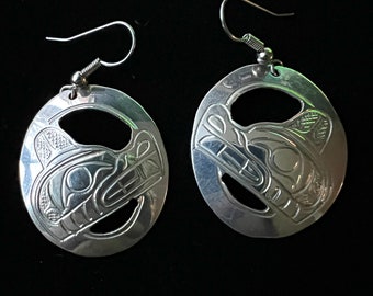 Silver Haida Tlingit Northwest Coast Wolf Earrings Signed Indigenous First Nations Art