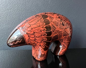 Native American Dine Navajo Fetish Bear Signed HM Red Clay Glossy Glaze Ceramic Pottery Animal