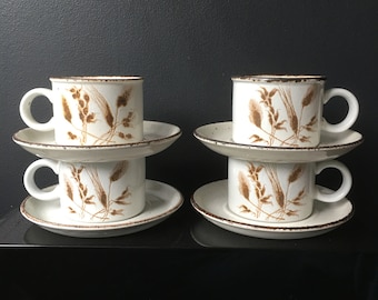 Midwinter Wild Oats Stonehenge Cups and Saucers Set of Four Brown Mid Century Modern 70s Stoneware Tea Coffee