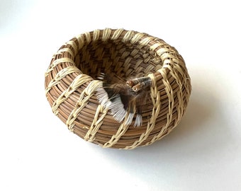 Miniature First Nations Coiled Sweetgrass Pine Needle Basket With Feathers Indigenous Art