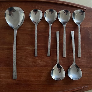 Gerald Benney Stainless Steel Sugar Spoon and Serving Spoon Set Viners Studio Sheffield Brutalist Design MCM