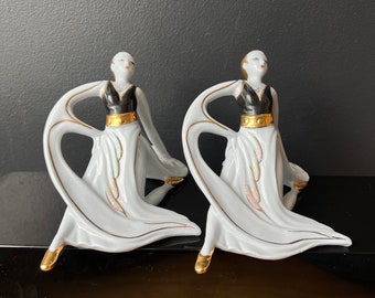 Vittorio Sabadin Dancers Art Deco Ceramic Ladies Capodimonte Flapper Gold Accent Blue Porcelain