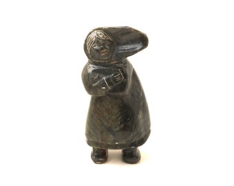 Vintage Inuit Carving of a Mother and Child Wearing Amauti Parka Serpentine Stone Signed Luke