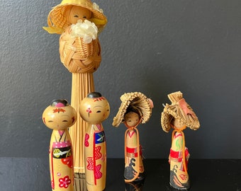 Miniature Kokeshi and Korean Rush Doll Lot Japanese Folk Dolls Peg Dolls Hand Painted Sado Okesa