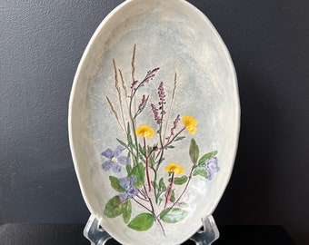 Salt Marsh Pottery Pressed Flower Ceramic Art Pottery Bowl Wall Hanging Dish Betsy Powel American Studio Ceramics