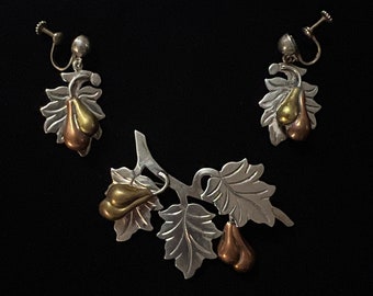 Mexican Sterling Silver Brooch and Earring Set Figs and Fig Leaves Demiparure Plata Ars Mexico