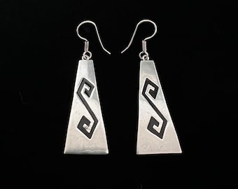 Large Sterling Silver Mexico Drop Earrings S Shape Black Design Signed Triangular 80s