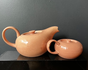 Russel Wright Coral American Modern Steubenville Teapot and Sugar Bowl with Lids