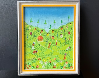 Original Fritz Clairsaint Painting Haitian Folk Artist Outsider Art Signed People Working the Fields