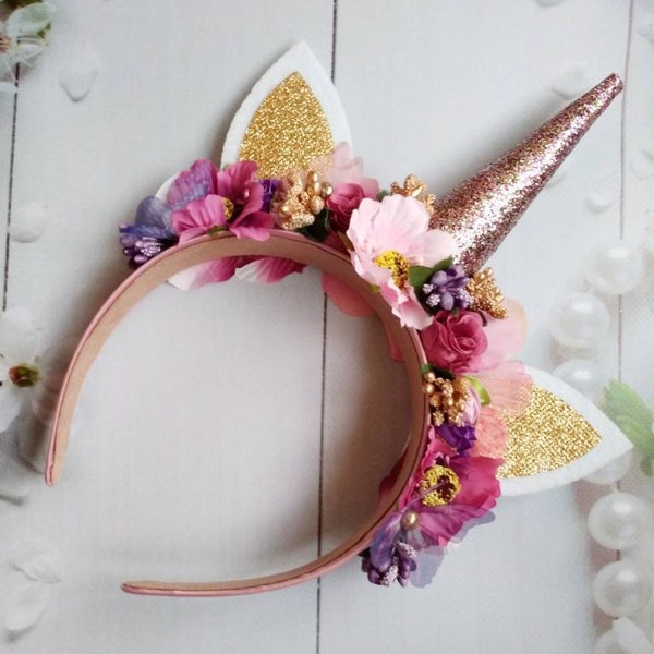 Unicorn headband adult Pink unicorn flower crown Unicorn birthday adult