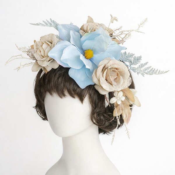 Blue magnolia fascinator for Kentucky derby races Flower headpiece Boho headband
