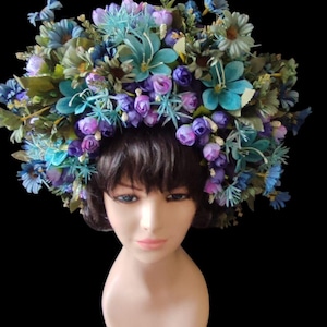 Boho Flower Crown: Blue Purple Floral Headpiece, Festival Hair Wreath
