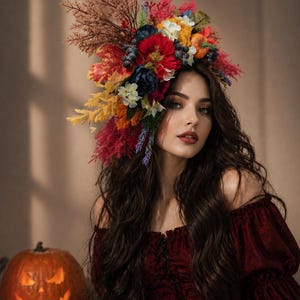 May include: A woman wearing a vibrant floral crown with red, yellow, blue, and purple flowers. She is wearing a dark red off-the-shoulder dress. A carved pumpkin with a lit candle and a lit candle are in the background.