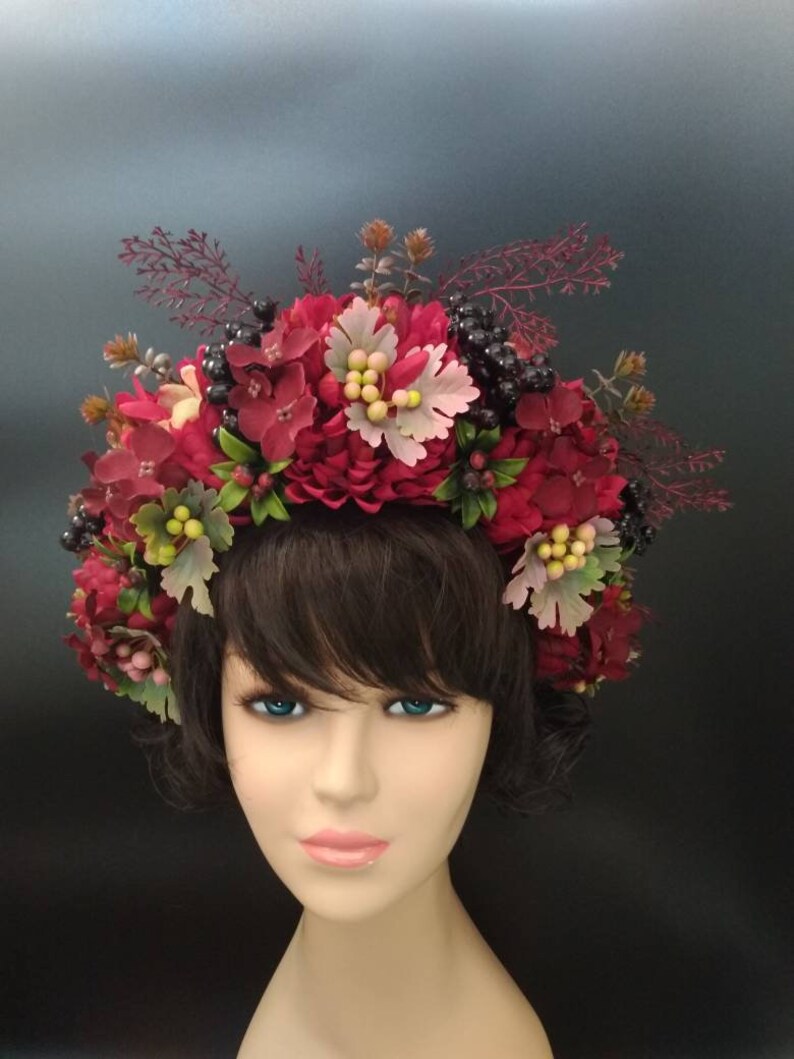 Burgundy mexican headdress for women Fiesta flower crown adult | Etsy